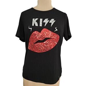 Red Lips Bling Sequin Glitter Kiss Black T Shirt Cotton Casual Large Swiftie